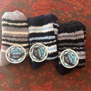 New 3x Cozy Striped Fuzzy Socks w/Grippers - Black, Light Gray and Blue Tones